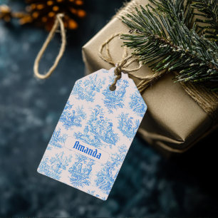 Vintage floral blue turquoise toile jouy monogram gift tags