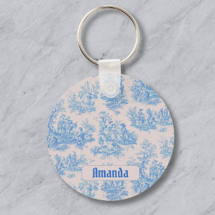 Vintage floral blue turquoise toile jouy monogram key ring