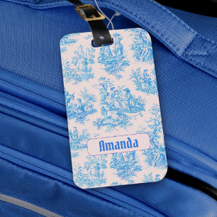 Vintage floral blue turquoise toile jouy monogram luggage tag