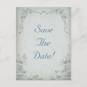 Vintage Floral Blue Wedding Save The Date Announcement Postcard