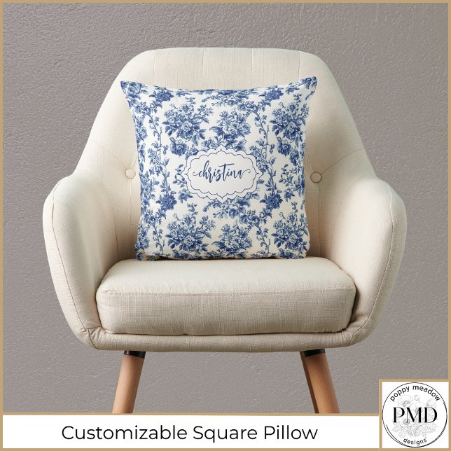 Vintage Floral Blue White Personalised Cushion (Vintage Floral Navy Blue and White Toile Personalized Square Throw Pillow, add her Name or Initials.)