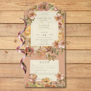 Vintage Floral Blush Pink & Rust Details Wedding All In One Invitation