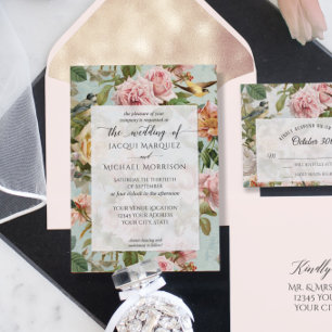 Vintage Floral Blush Pink Yellow Botanical Birds I Invitation