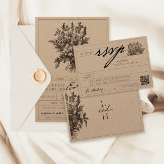 Vintage Floral Boho Rustic Kraft Formal Wedding RSVP Card