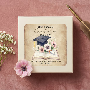 Vintage Floral Book Graduation Cap Thank You Favou Square Sticker