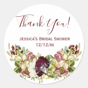 Vintage Floral Botanical Burgundy Pink Thank You Classic Round Sticker