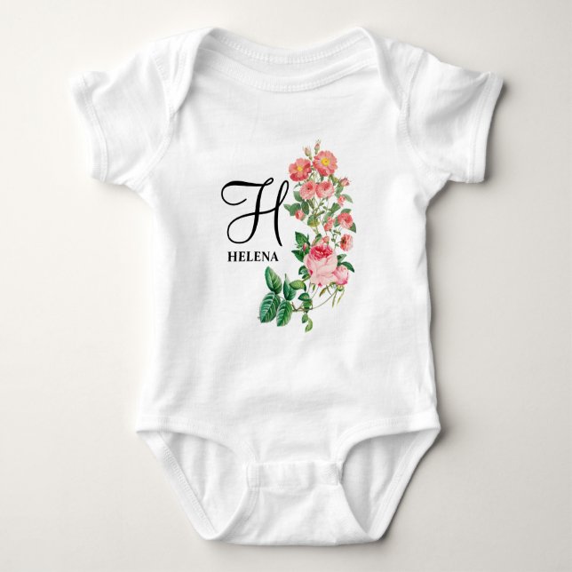 Vintage Floral Botanical Customised Monogram Baby Bodysuit (Front)