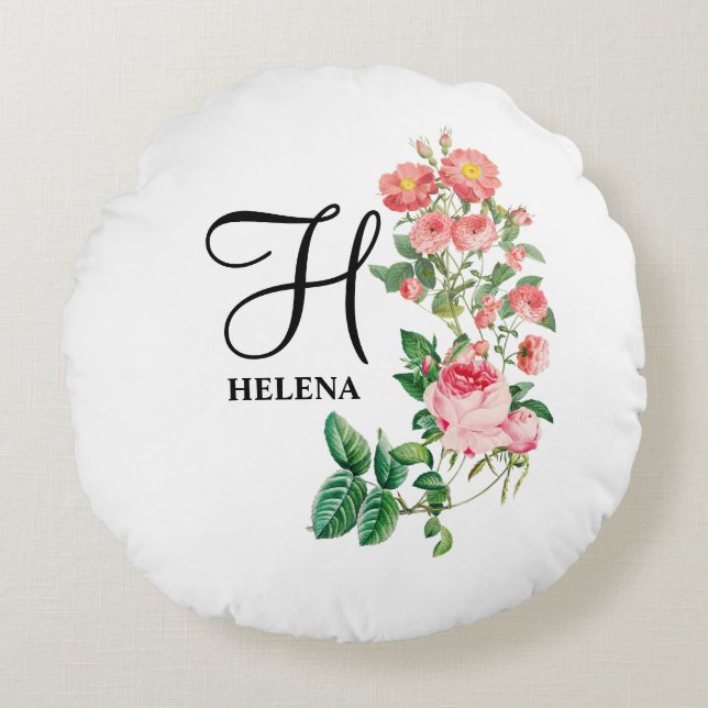 Vintage Floral Botanical Customised Monogram Round Cushion (Front)