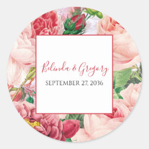 Vintage Floral & Botanical Pink Roses Wedding  Classic Round Sticker