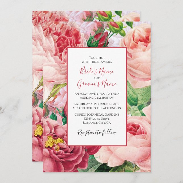 Vintage Floral & Botanical Pink Roses Wedding Invitation (Front/Back)