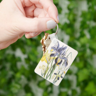 Vintage Floral Botany, Garden Iris Flowers Key Ring