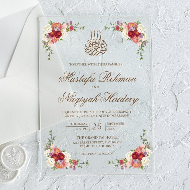 Vintage Floral Bouquet Border Islamic Wedding Acrylic Invitations (Creator Uploaded)