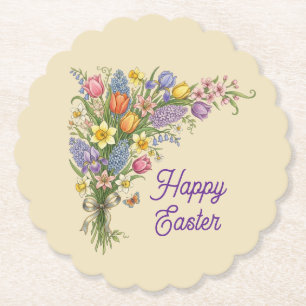 Vintage Floral Bouquet - Happy Easter Paper Coaster