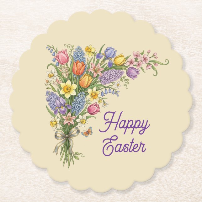 Vintage Floral Bouquet - Happy Easter Paper Coaster (Front)