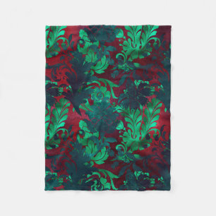 Vintage Floral Bright Burgundy Emerald Green Fleece Blanket