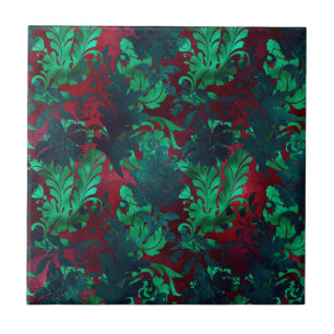 Vintage Floral  Bright Burgundy Emerald Green Tile