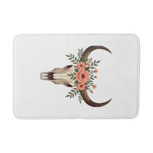 Vintage Floral Bull Skull Boho Western Botanical I Bath Mat