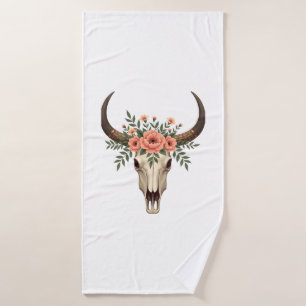 Vintage Floral Bull Skull Boho Western Botanical I Bath Towel