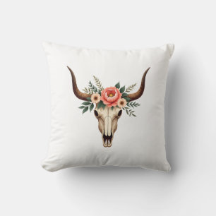 Vintage Floral Bull Skull Boho Western Botanical I Cushion