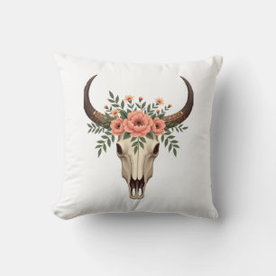 Vintage Floral Bull Skull Boho Western Botanical I Cushion