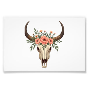 Vintage Floral Bull Skull Boho Western Botanical I Photo Print