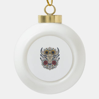 Vintage Floral Bull Skull Western Ceramic Ball Christmas Ornament
