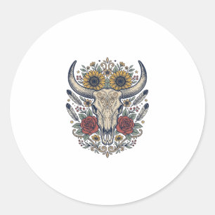 Vintage Floral Bull Skull Western Classic Round Sticker