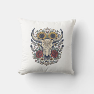 Vintage Floral Bull Skull Western Cushion