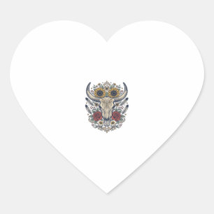 Vintage Floral Bull Skull Western Heart Sticker