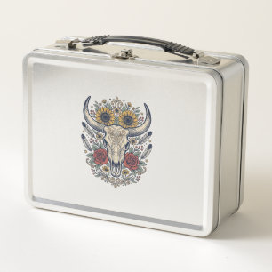 Vintage Floral Bull Skull Western Metal Lunch Box