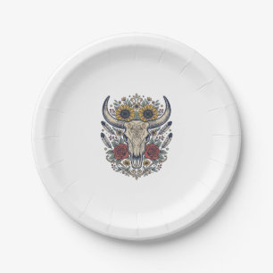 Vintage Floral Bull Skull Western Paper Plate