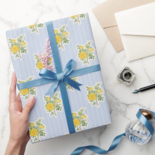 Vintage Floral Buttercups Blue Stripes Pattern Wrapping Paper