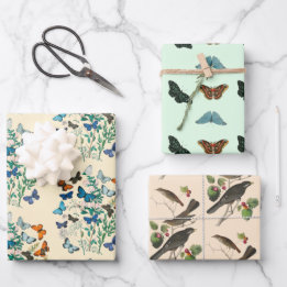 Vintage floral butterfly bird pattern pink green wrapping paper sheet