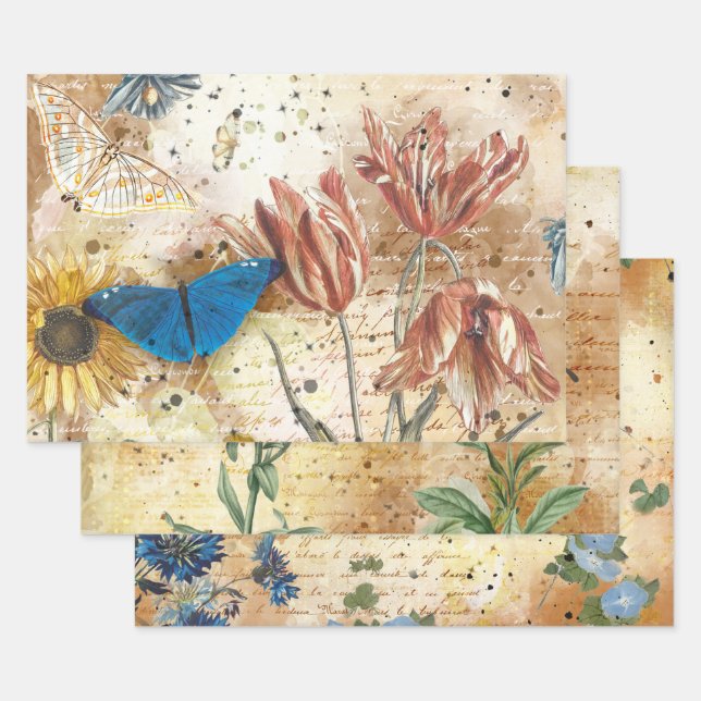 Vintage Floral Butterfly Decoupage Wrapping Paper Sheet (Set)