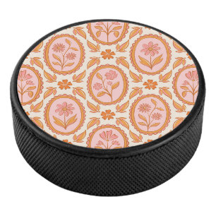 Vintage Floral Cameo Pattern In Pink & Orange Hockey Puck