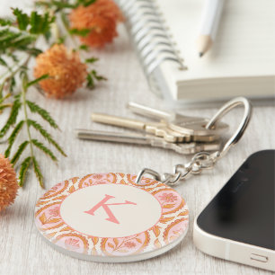 Vintage Floral Cameo Pattern In Pink & Orange Key Ring