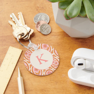 Vintage Floral Cameo Pattern In Pink & Orange Key Ring