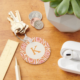 Vintage Floral Cameo Pattern In Pink & Orange Key Ring