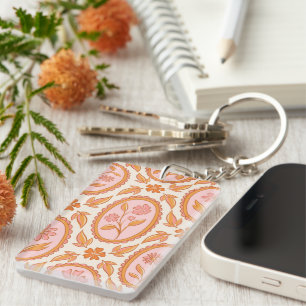 Vintage Floral Cameo Pattern In Pink & Orange Key Ring