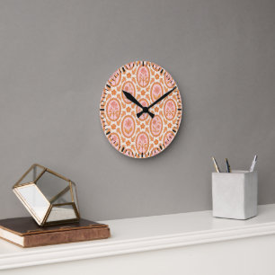 Vintage Floral Cameo Pattern In Pink & Orange Round Clock