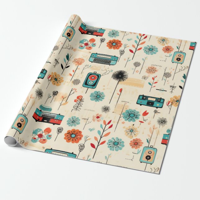 Vintage Floral & Camera Pattern (2) Wrapping Paper (Unrolled)