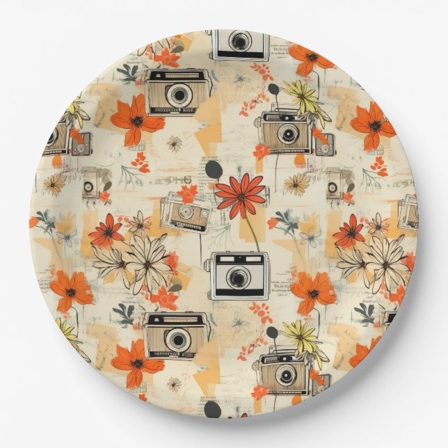 Vintage Floral & Camera Pattern (5) Paper Plate (Front)