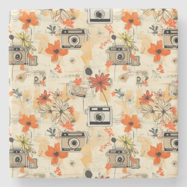Vintage Floral & Camera Pattern (5) Stone Coaster (Front)