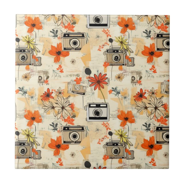 Vintage Floral & Camera Pattern (5) Tile (Front)