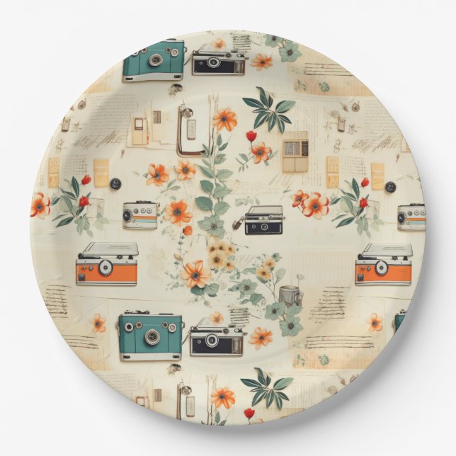 Vintage Floral & Camera Pattern (6) Paper Plate (Front)