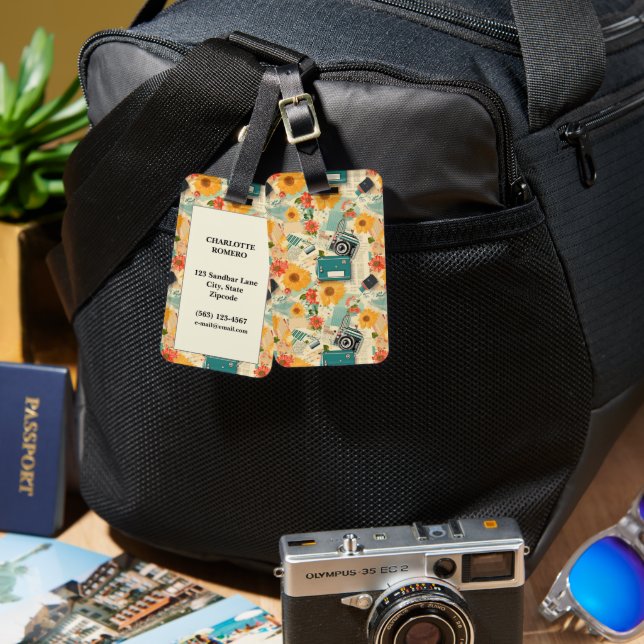 Vintage Floral & Camera Pattern (8) Luggage Tag (Front & Back)