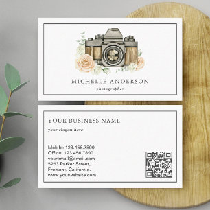 Vintage Floral Camera QR Code Photographer Business Card
