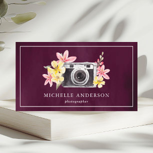 Vintage Floral Camera QR Code Photographer Purple Business Card