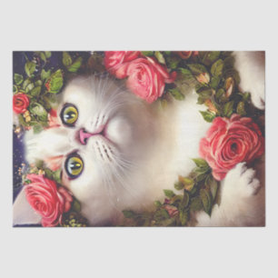 Vintage Floral Cat Tissue Paper For Decoupage