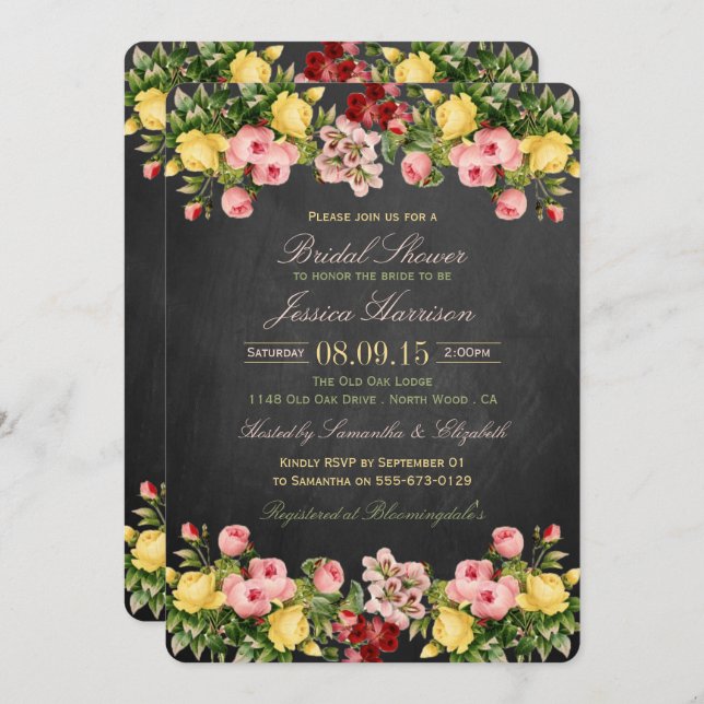 Vintage Floral Chalkboard Bridal Shower Invitation (Front/Back)
